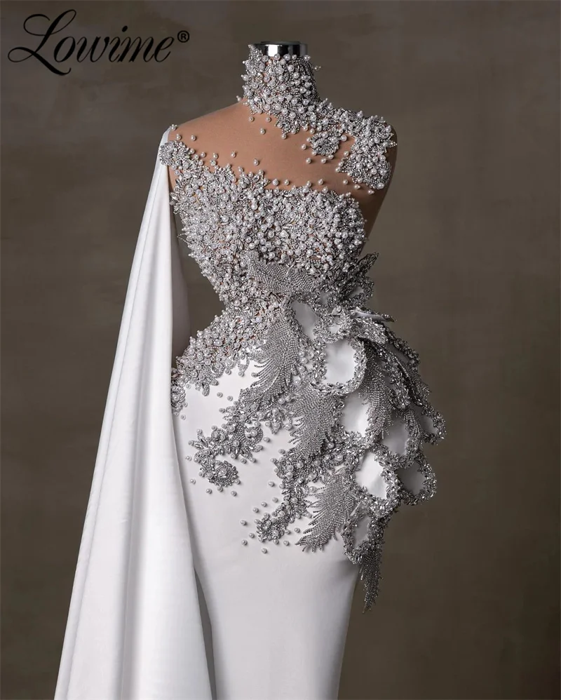 White Elegant Evening Dresses For Women Crystals Mermaid Celebrity Dress 2024 Cape Sleeve Pearls Beaded Prom Dresses Party Gowns