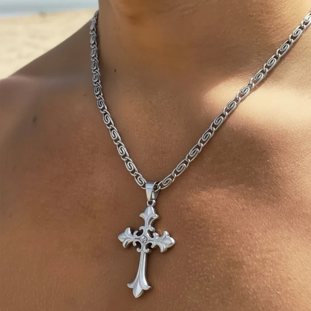 DOTIFI Religious Jesus Cross Necklace Men's Stainless Steel Cross Diamond Pendant Fashion Jewelry Street Commuting Party to Wear