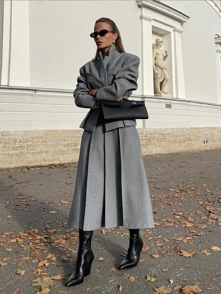 Conjunto de Falda plisada gris para mujer, traje de 2 piezas con cuello de solapa, blazer de cintura alta, traje de fiesta y Club, novedad de otoño, 2024