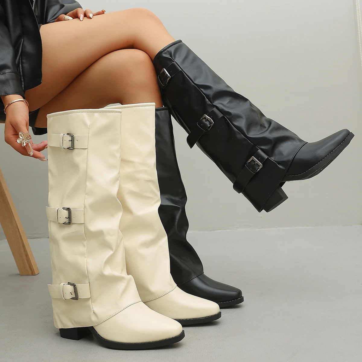 Botas de tacón grueso con estilo europeo y americano para primavera y otoño, botas de moda con hebilla y diseño de cinturón, nuevas botas de talla grande para mujer 2026