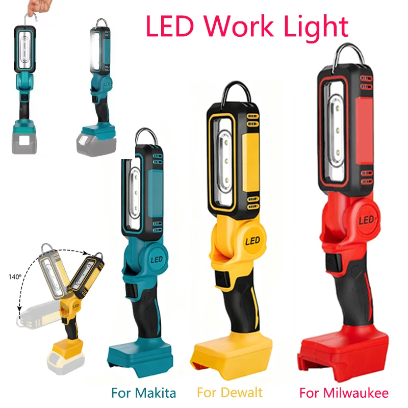 

1200lm Cordless LED Work Light for Makita/Dewalt/Milwaukee 18V 20V Battery Folding Light with Hook for Workshop Camping Outdoor