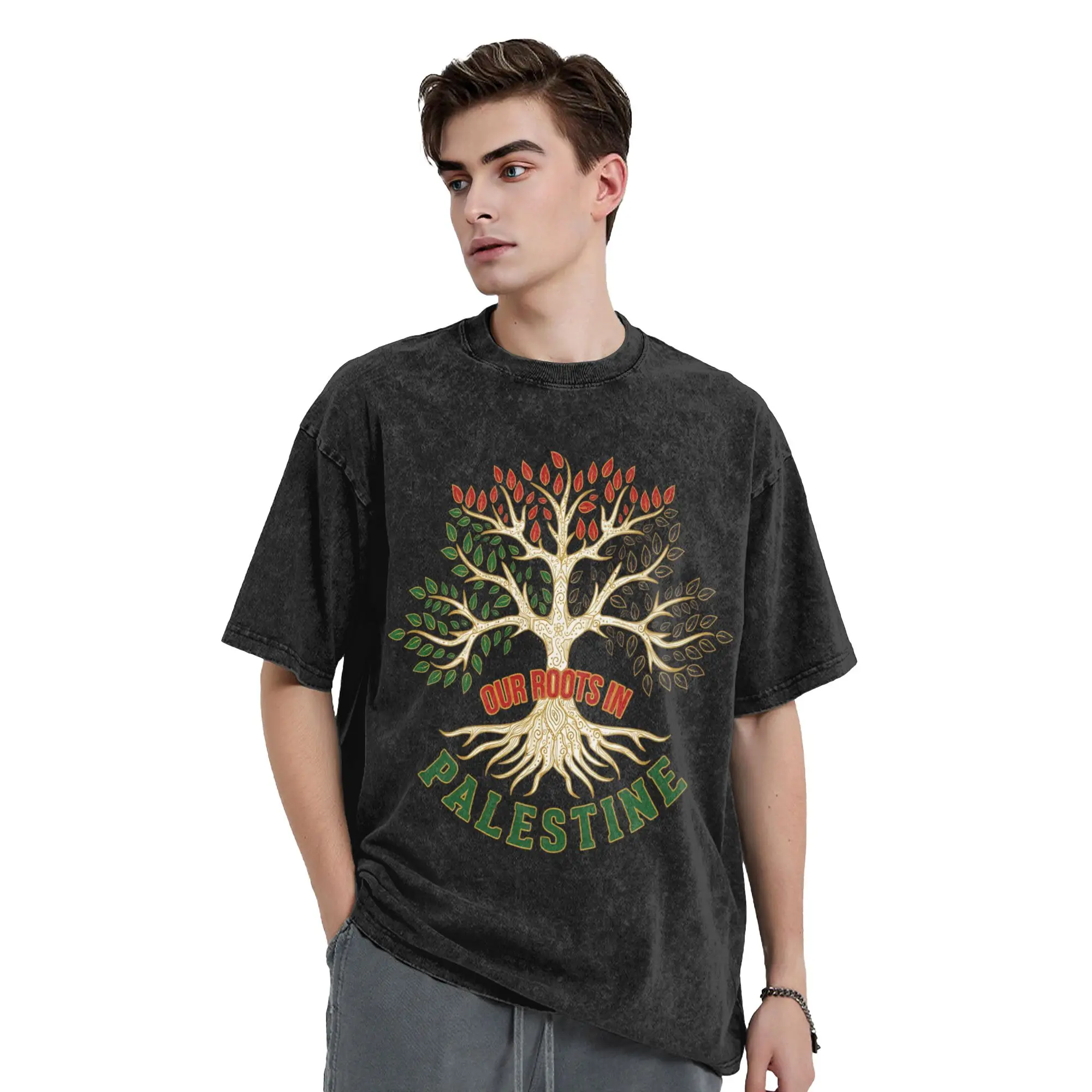 Our Roots In Palestine T Shirts Men Pure Cotton Awesome T-Shirts Crewneck  Tees Short Sleeve Tops New Arrival