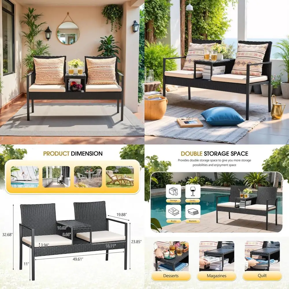 

Outdoor Loveseat Set with Built-in Table and Cushions, Wicker Patio Furniture for Porch, Lawn, Backyard, or Balcony (Beige)