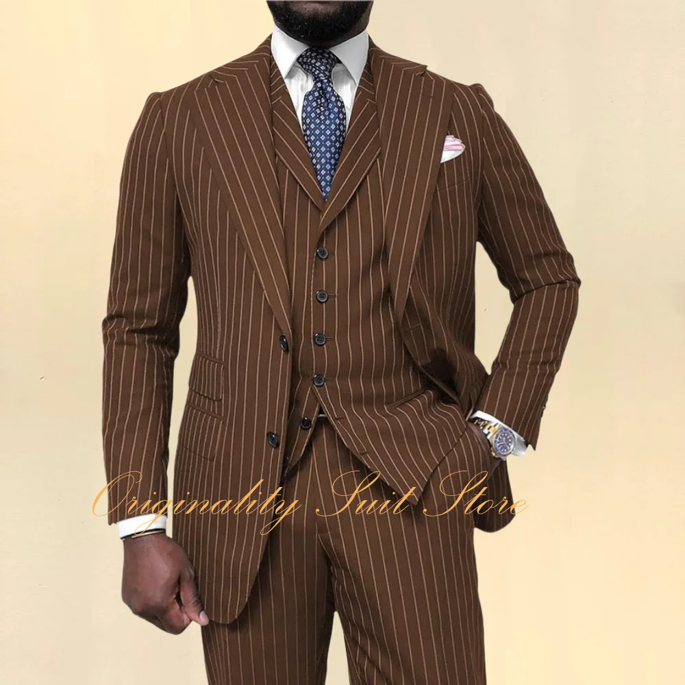 

Classic Men's Pinstripe Suit 3 Piece Set Slim Fit Tuxedo Formal Jacket Vest Pants Casual Men Suit for Business Wedding Prom