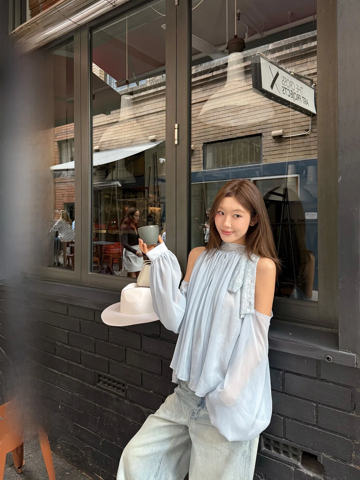 

Ranwear Double Layer Lace Mesh Knot Lantern Sleeve Shoulder Bared Top Women's Comfortable Breathable Casual Shirt