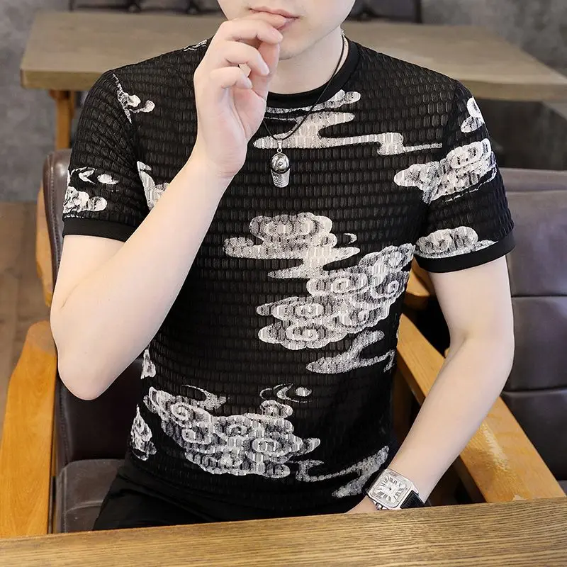 

Men's Mesh Cloud Print T-Shirt Short Sleeve Slim Fit Quick Dry Casual Tops