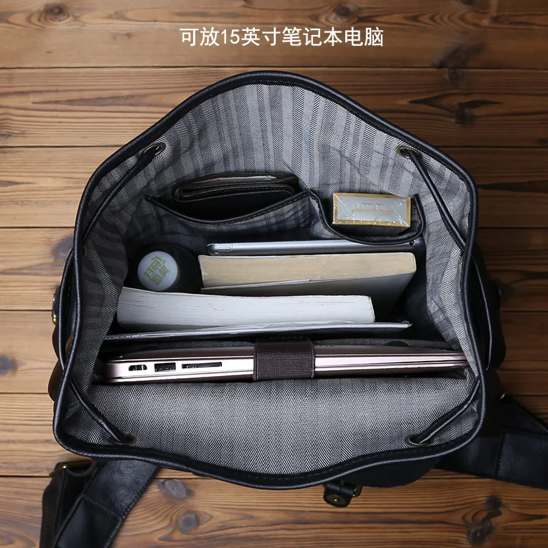 NZPJ Herren-Rucksack aus echtem Leder, lässige Herrentasche, natürliches Rindsleder, Büchertasche, Laptop-Computertasche, Rucksack mit großer Kapazität – Detail 17