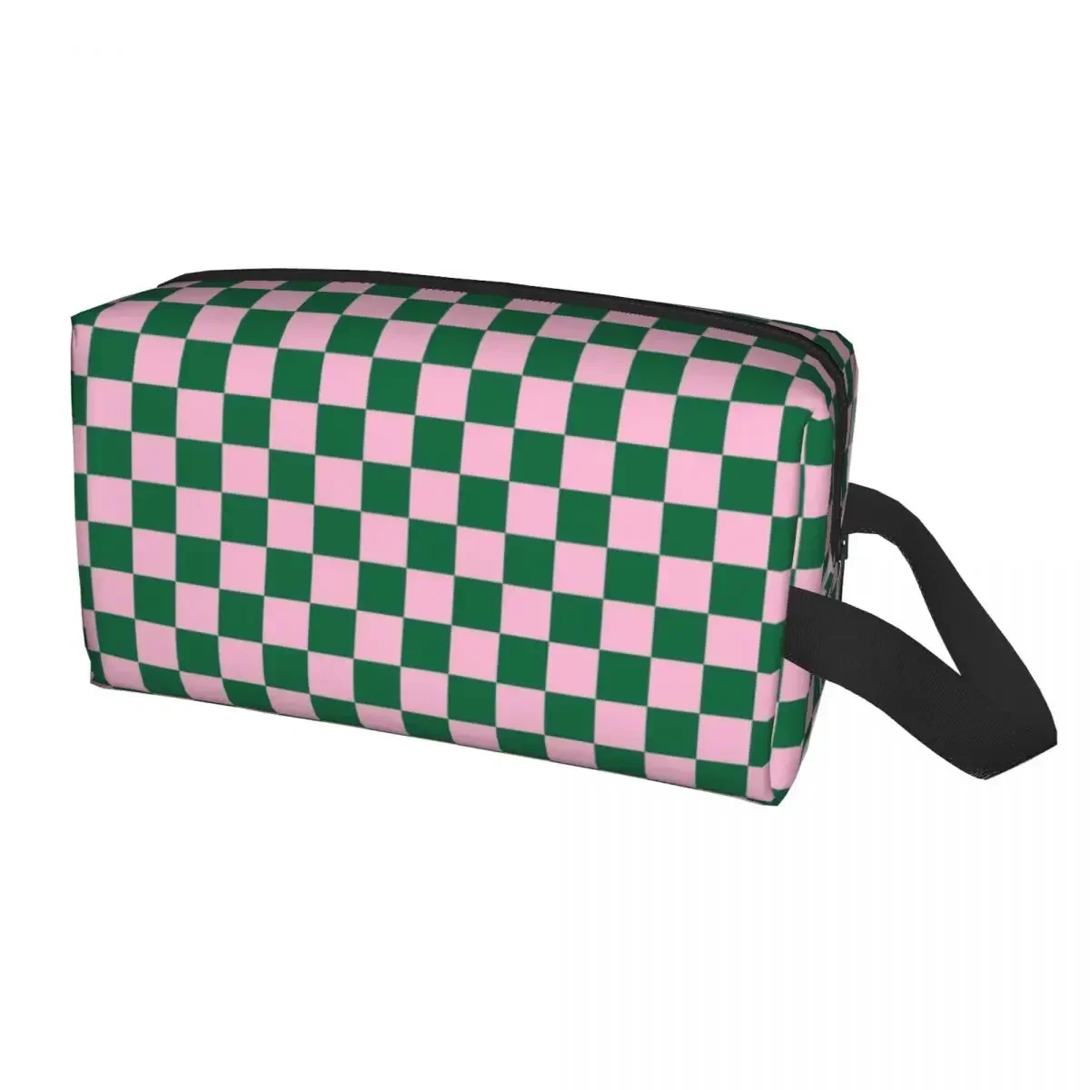 

Cotton Candy Pink And Cadmium Green Checkerboard Travel Cosmetic Bag for Women Plaid Toiletry Makeup Lady Beauty Storage Kit