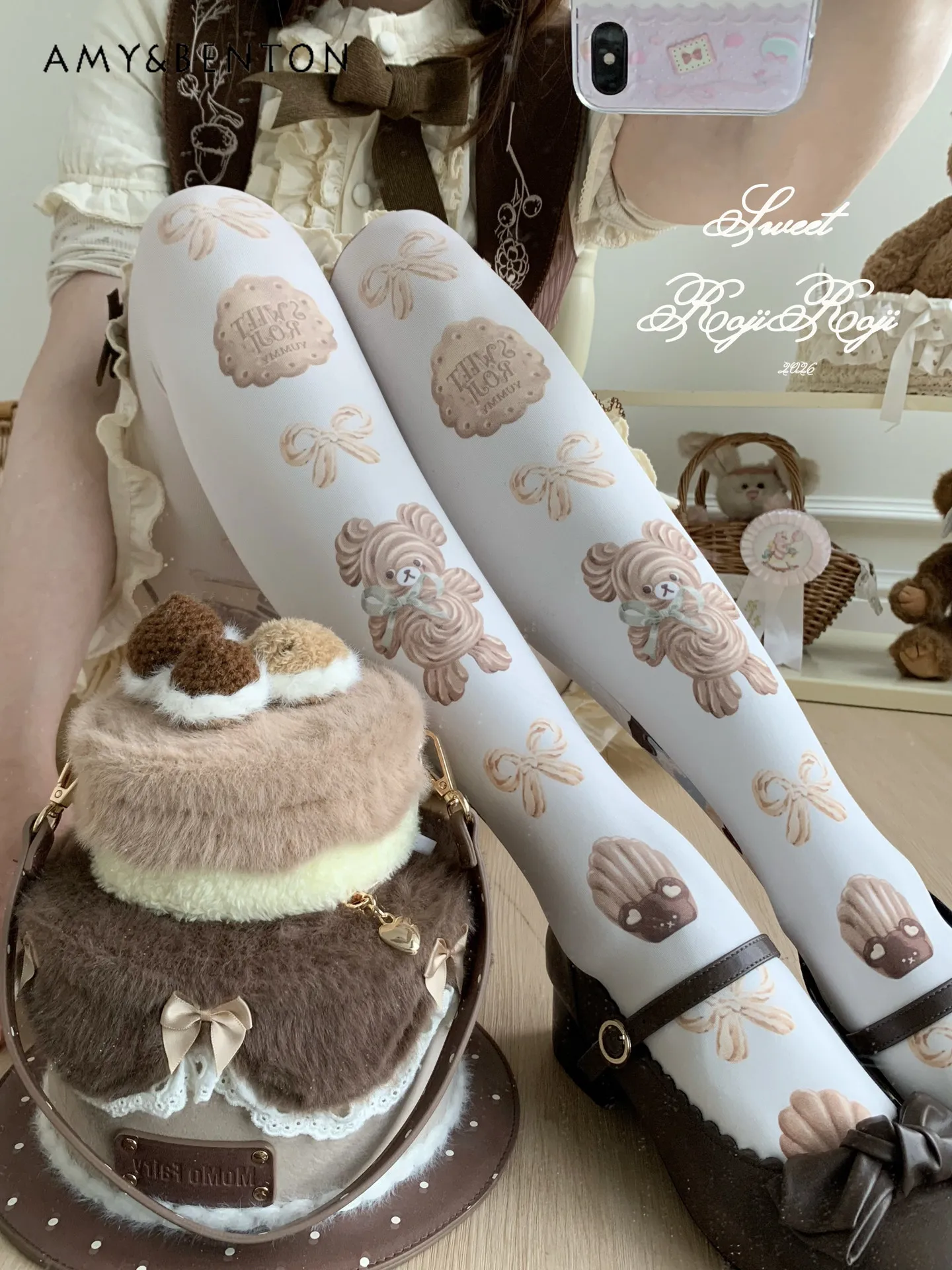 

Kawaii Bear Lolita Style Socks Women's Velvet Cute Cartoon Print White Pantyhose Japanese Sweet Versatile Slim Slim Stockings