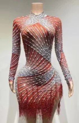 Sparkly Perlen Strass Transparent Fransen Mini Kleid für Frauen Feiern Geburtstag Party Kleid Bar Nachtclub Tanz Kostüm