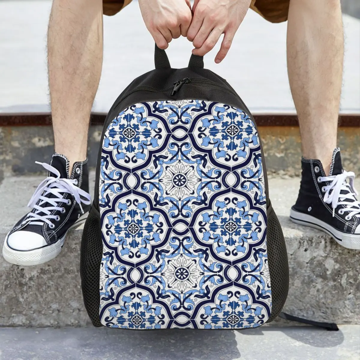 Mochila azul adornada floral mediterránea con azulejos sicilianos, mochila escolar, mochila de viaje para senderismo, mochila para niños y niñas, bolsos de hombro