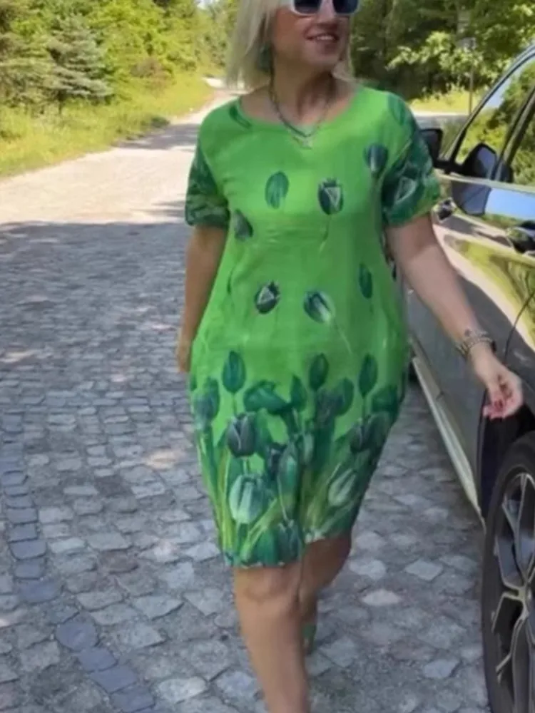 Damen-Kleid mit Blumendruck, lässig, O-Ausschnitt, kurze Ärmel, Pullover, Minikleider für Damen, modisch, Boho-Urlaubsrock, Damenbekleidung