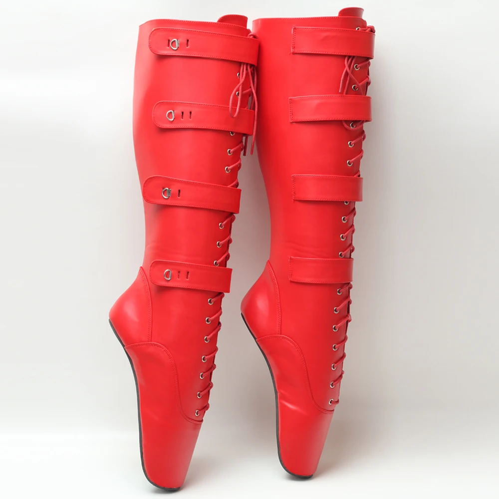 7 Inch High Heelless Unisex Fetish Ballet Styles Lace Up Knee High Boot Size 36-46