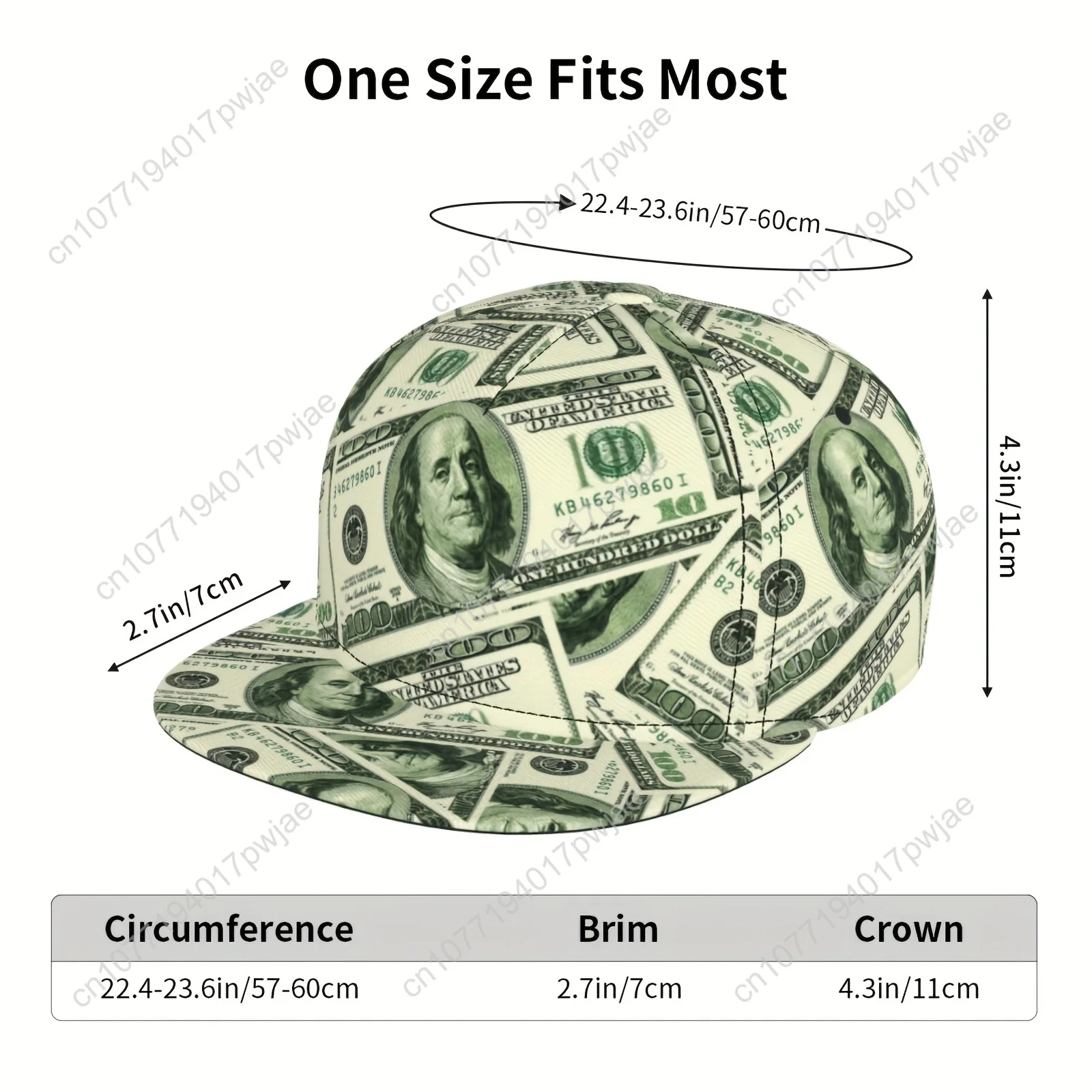 Регулируемая бейсболка унисекс Snapback — $100 Bill Design с плоскими полями в уличном стиле в стиле хип-хоп, легкая дышащая, 100% полиэстер