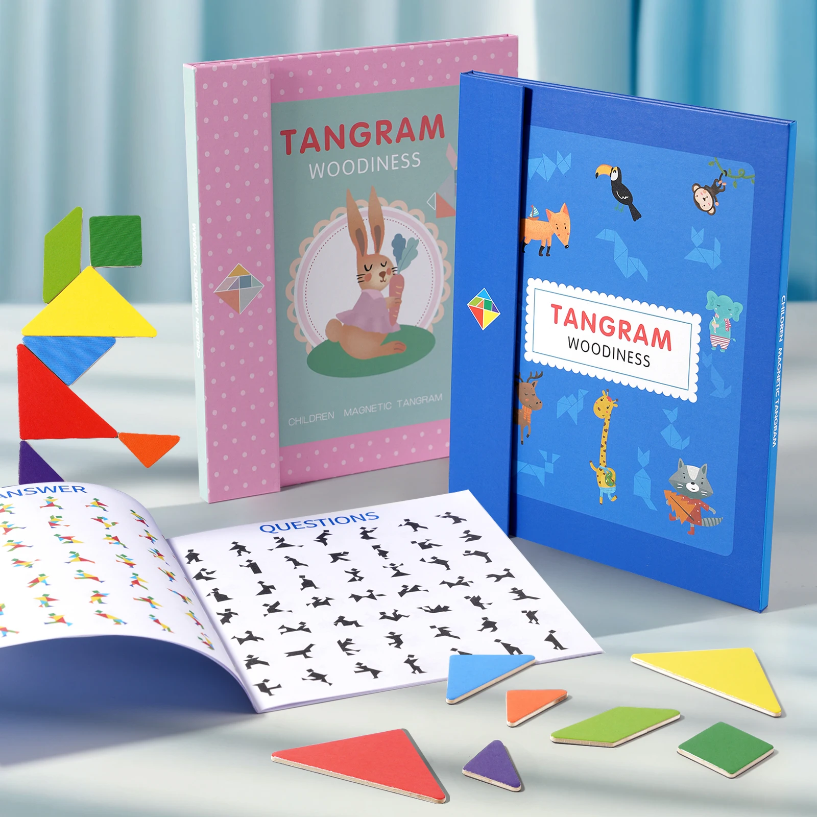 Montessori จิ๊กซอว์ไม้แม่เหล็ก Tangram หนังสือปริศนาของเล่นเพื่อการศึกษาเด็กการเรียนรู้เกมตรรกะรูปทรงเรขาคณิตบล็อก