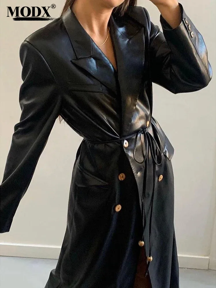 [MODX] Soft Protein Leather Trench Coat For Women 2024 Spring And Autumn Style Double Breasted Waistband Long Jacket