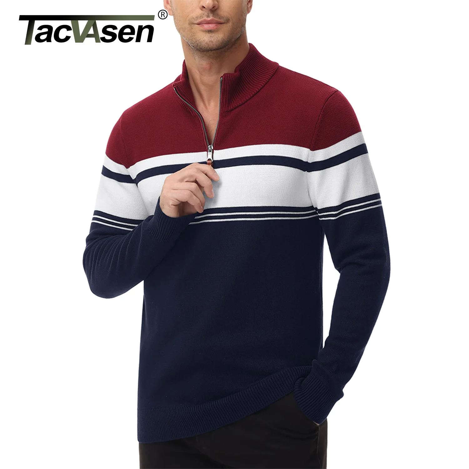 TACVASEN Quality Cotton Knitted Sweater Pullovers Mens Quarter Zip Long Sleeve Sweaters Round Neck Casual Pullover Top Male