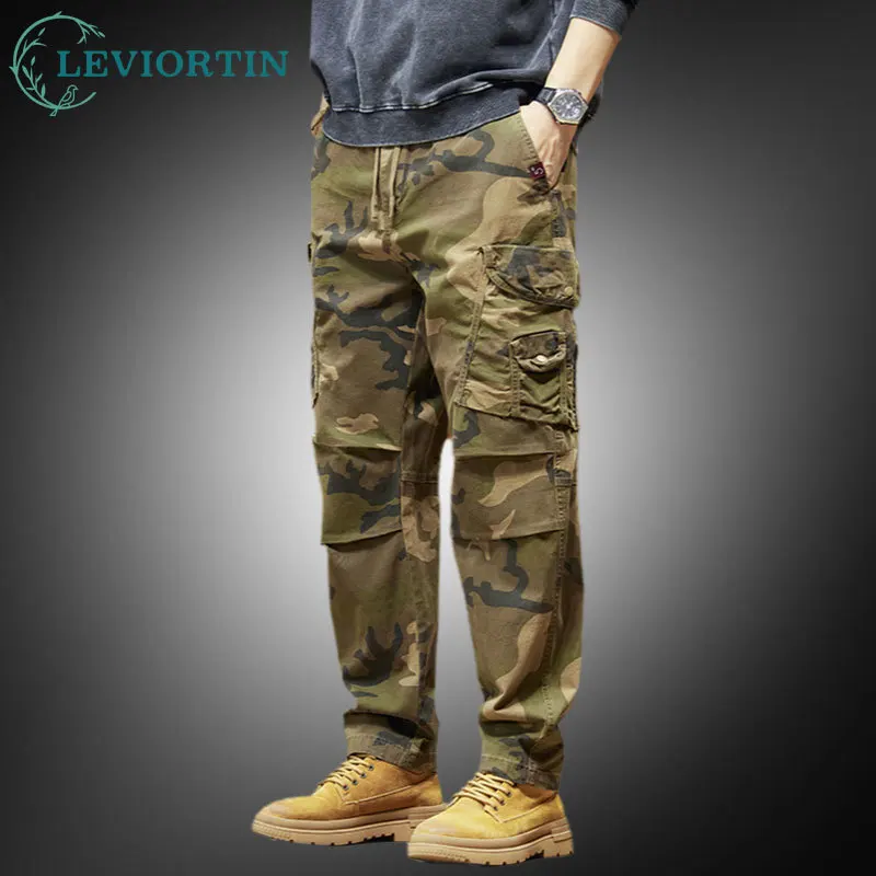 Men's Vintage Washed Cotton Work Pants Trendy Brand Cuffed Outdoor Camouflage Loose Pants American-style Man Clothing