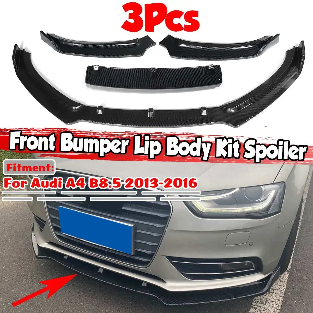 

Black/Carbon Fiber Look 3pcs Car Front Bumper Splitter Lip Diffuser Spoiler Protection Deflector Lips For Audi A4 B8.5 2013-2016