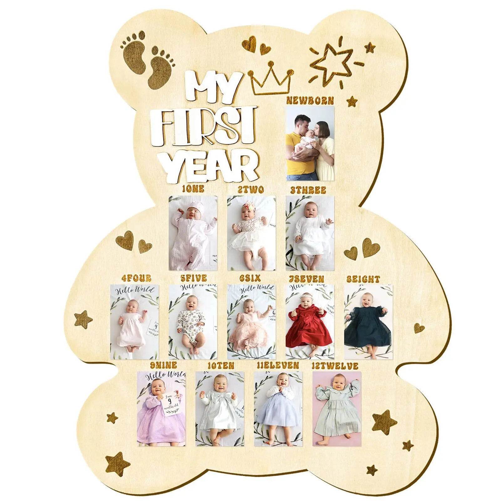 

Newborn First Year of Growth Commemorative Photo Frame Wooden Baby Photo Display Wooden Board,