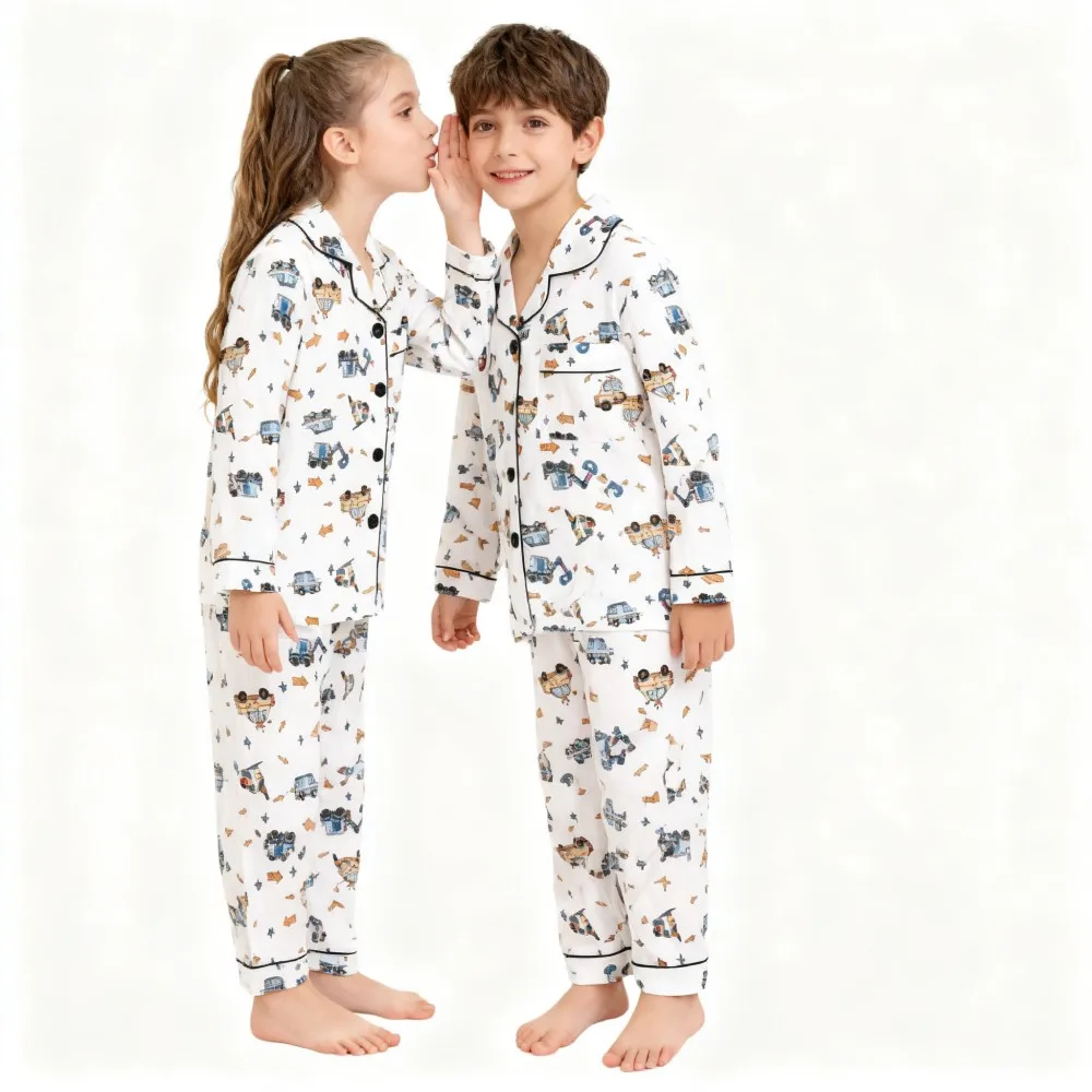 Boys Pajama Set Cartoon Engineering Car Long Sleeve Sleepwear Kids Turn‑down Collar Button‑Up Nightwear Children Homewear Outfit
