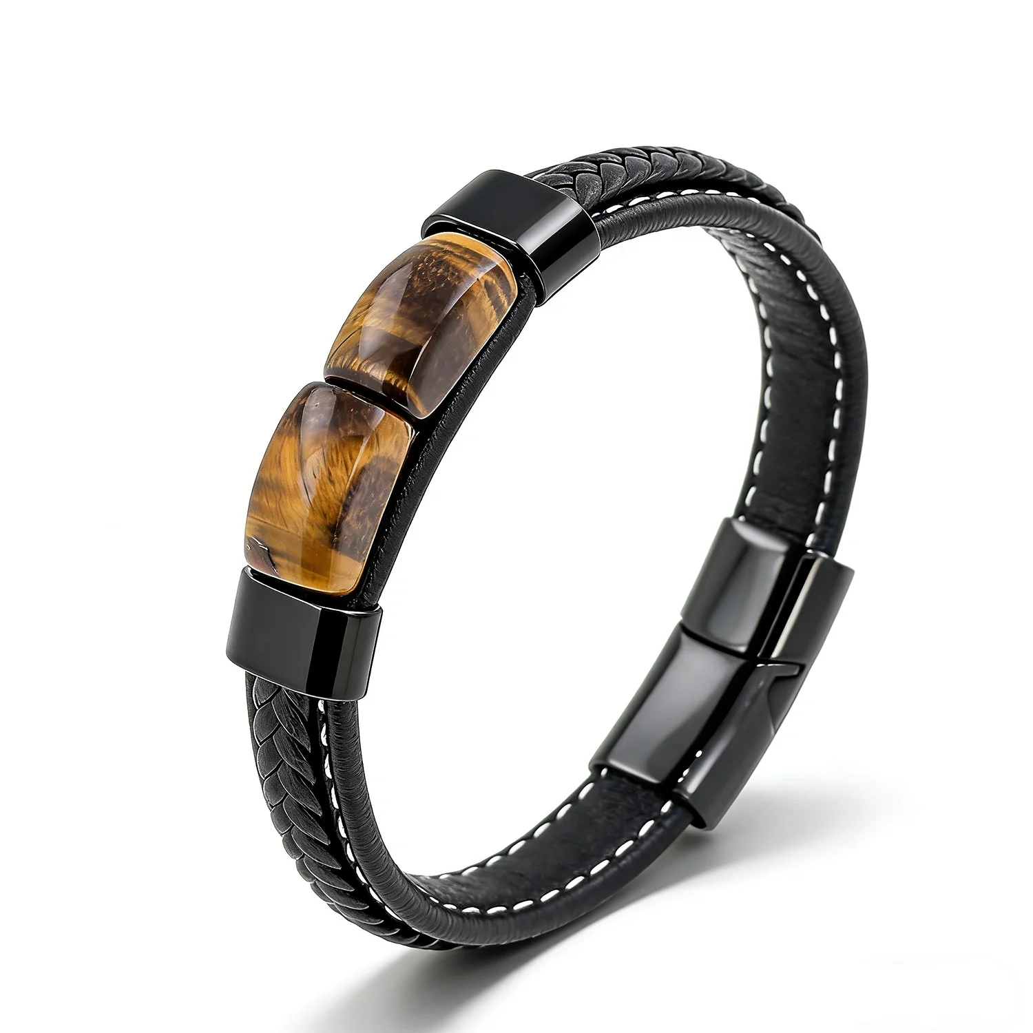 Bracelet en cuir tissé en pierre d'œil de tigre naturel pour hommes et femmes, métal noir, bijoux de luxe à la mode, tendance 2026