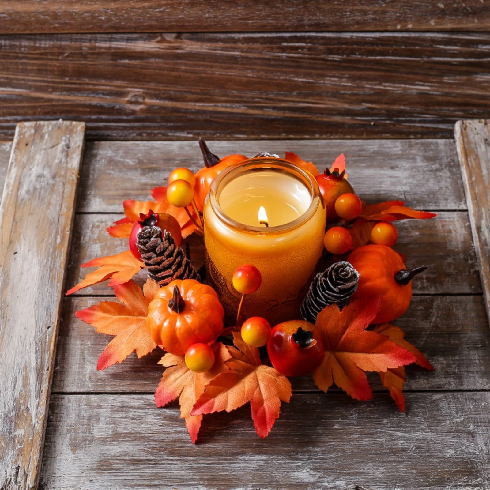 Candle Circle with Maple Leaves Artificial Candle Circle with Pumpkins Wreath with Leaves Layered Decor Versatile