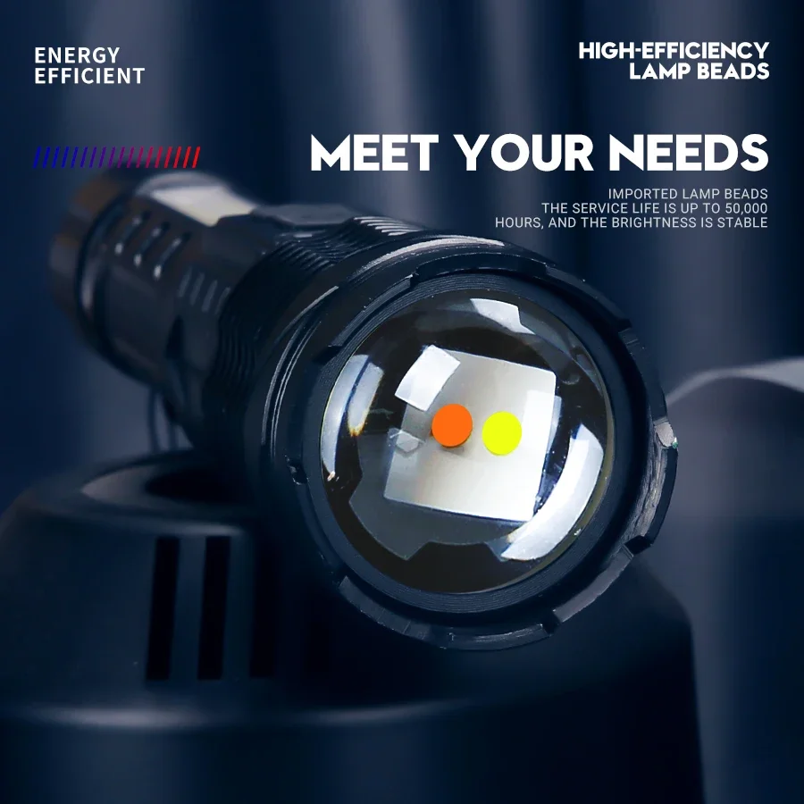 High Strong Power Dual Led Flashlight Tactical Zoom Emergency Spotlights USB Rechargeable Multifunctional Portable Camping Torch