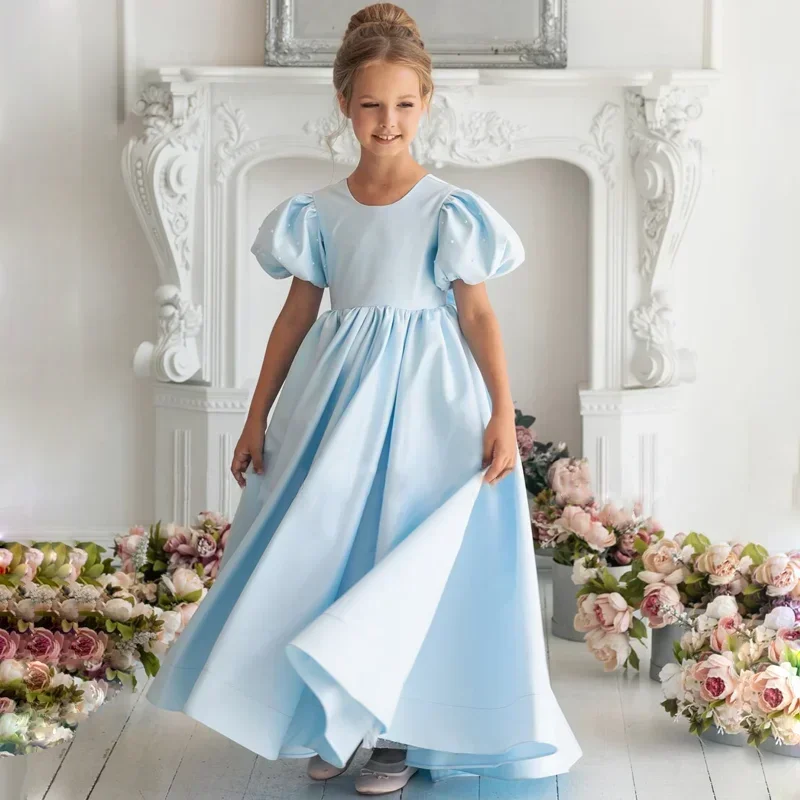 Custom Princess Gowns Flower Girl Dresses Sky Blue Satin with Bow Pearls Short Sleeve for Wedding Birthday Party Prom Banquet
