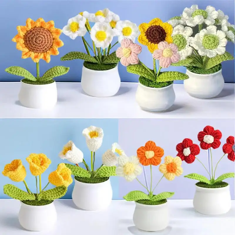 Handmade Crochet Flowers Sunflower Knitted Flower Desk Decorations Decorative Flower Pots Birthday Gift