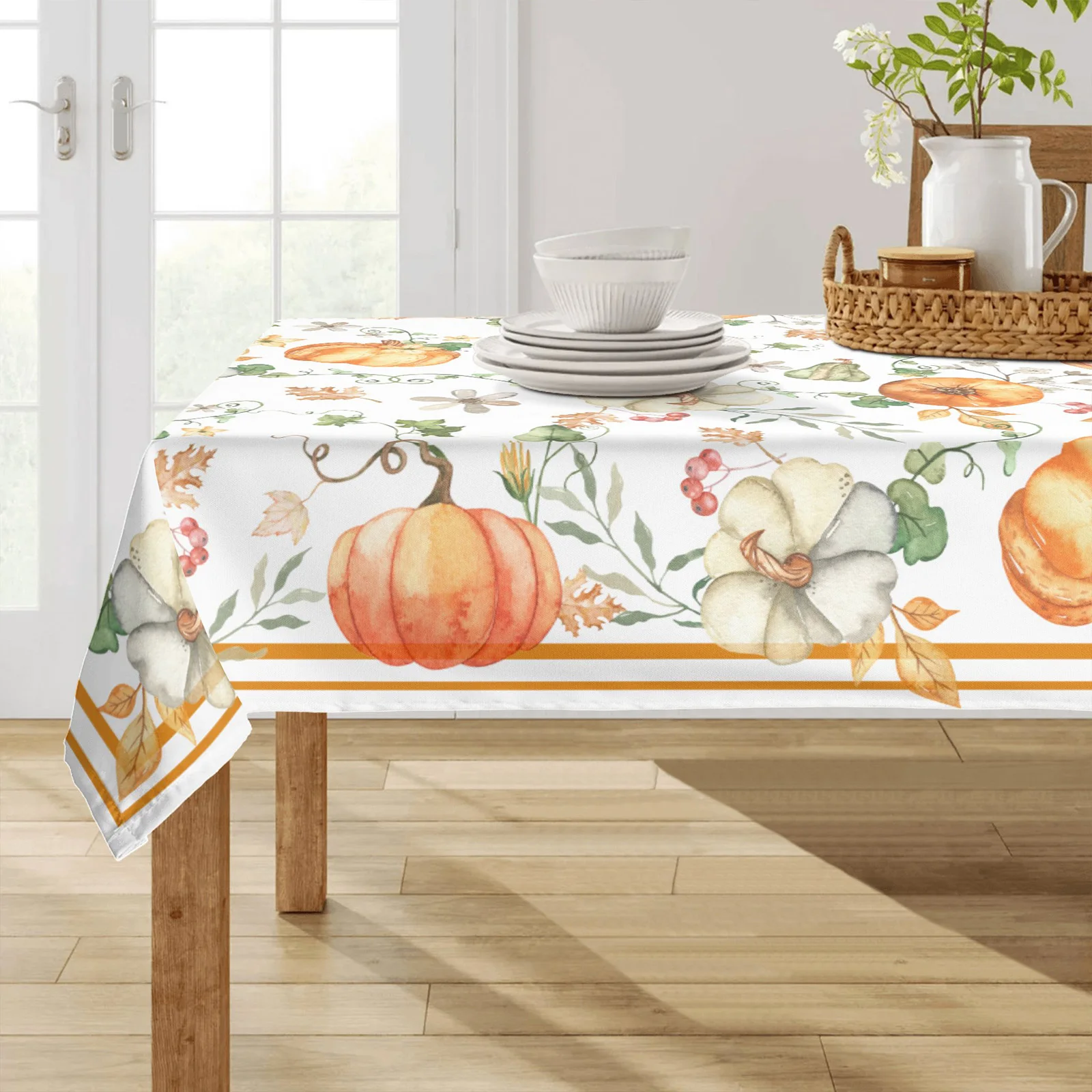 Fall Watercolor Pumpkins Waterproof Tablecloth Thanksgiving Decoration Reusable Autumn Kitchen Table Runners Holiday Party Decor