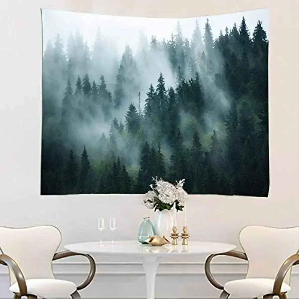 Misty Forest Tapestry, Foggy Tree Wall Hanging Small Tapestries Nature Pine Woodland Wall Art for Bedroom Living