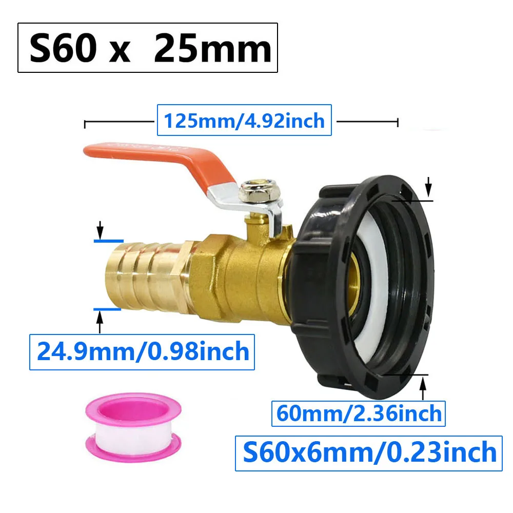 S60 to 25mm Brass Tap Hose Connector 1000L IBC Water Tank Adapter DN20 Outdoor Rainwater Collection Bucket Connector