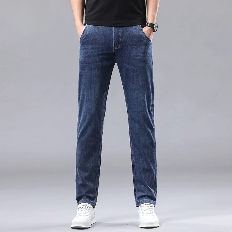 Moda masculina calças de brim retas novo estiramento fino ajuste calças confortáveis macio negócios denim calças masculinas roupas marca