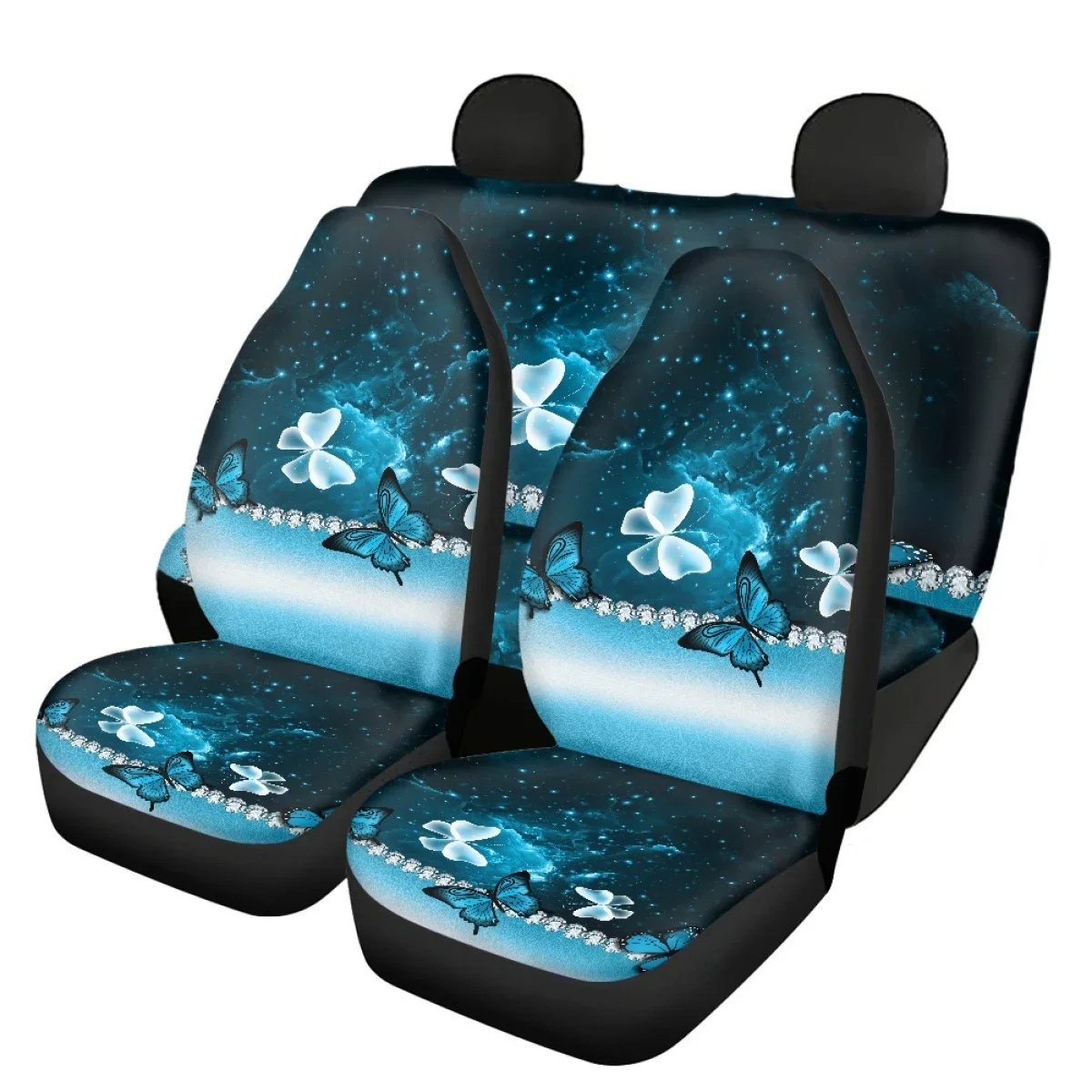 Blue Milky Way Butterfly Car Front/Rear Seat Covers Leather Design Pattern Vehicle Accessories Seat Cover Full Set Elastic Soft