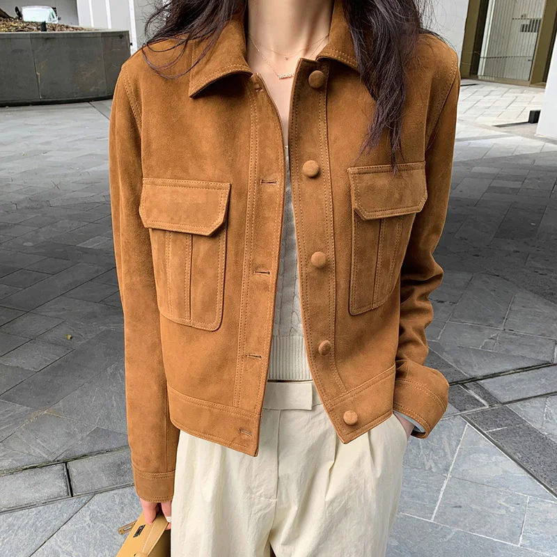 Women's Suede Jacket Classic Brown Genuine Sheepskin Single Breasted Vintage Long Sleeve  Parka Chic Outwear Tops TF5844