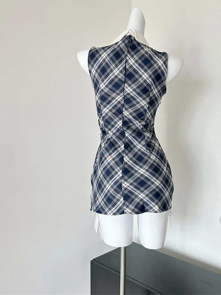 Summer Korean Vintage Mori Girl Mini Sleeveless Plaid Dress Women Party Polo Collar Frocks Preppy Coquette Gyaru 2000s Aesthetic