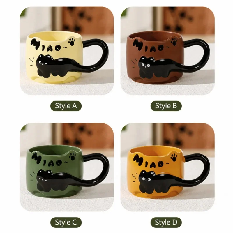 Cute Cat Ceramic Mug 3D Relief Black Cat Coffee Cup Large Handle Hand Painted Tea Mug Home Office Kitchen Drinkware Gift