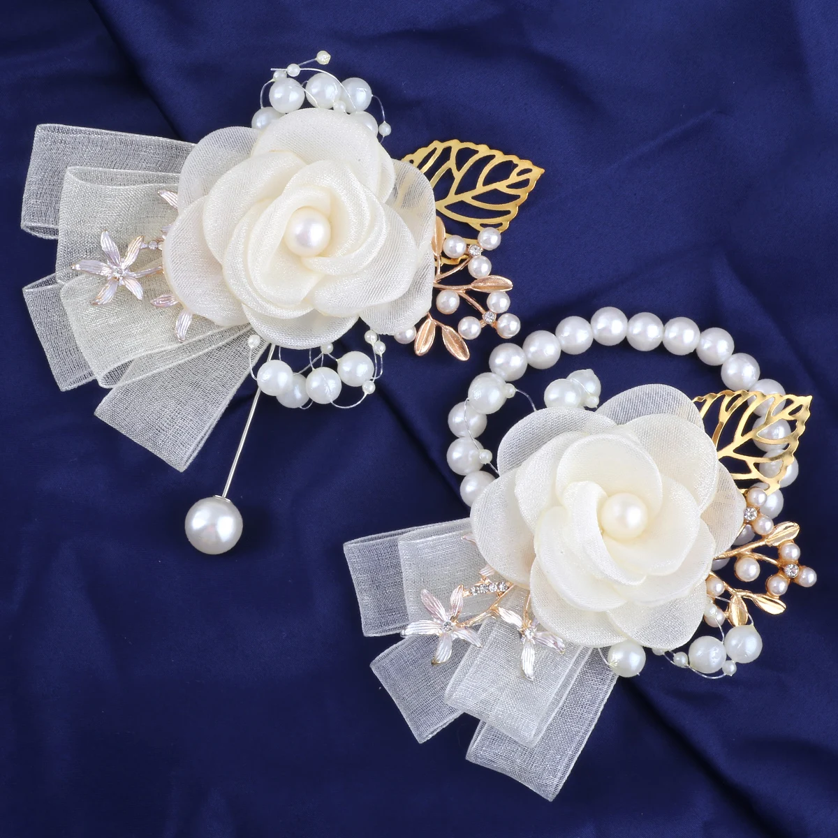 Wedding Girl party Ivory tulle sent rival ring gold leaf pearl imitation camellia wrist flower Bridegroom man corsage XH820A