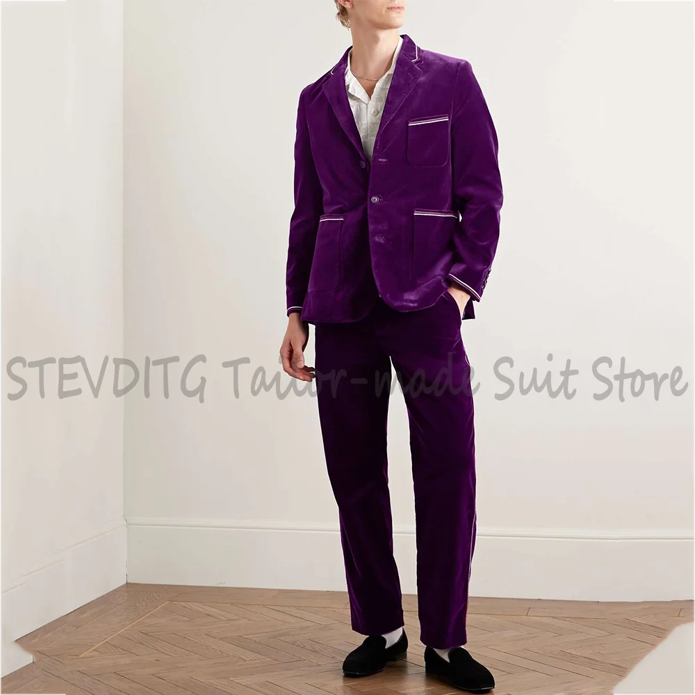 Purple Velvet Men Suit Set 2Piece Notched Lapel Contrast Piping Blazer Pants Formal Party Outfit Special Occasion Tuxedo Set