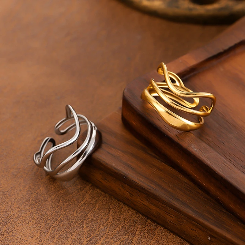 Stainless Steel Irregular Lines Rings For Men Women Three Layer Waterproof Non-Fading Finger Ring Minimalism Jewelry Gifts