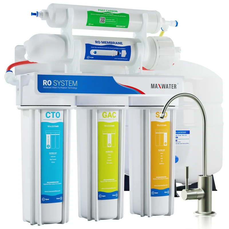 

5-ступенчатая система фильтрации воды Max Water, 50 графиков (галон на день), стандартная система фильтрации воды RO (обратного осмоса — под раковину/настенное крепление