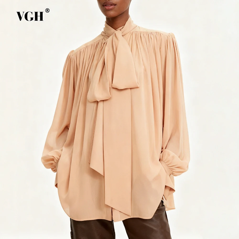 VGH Lose Falten Temperament Blusen Für Frauen Rundhals Langarm Herbst Casual Lace Up Solide Shirts Weibliche Mode Stil