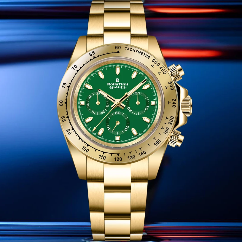 RollsTimi Men's Luxury Automatic Mechanical Watches Gold Green Wristwatch Stainless steel Sapphire glass Waterproof Chronograph