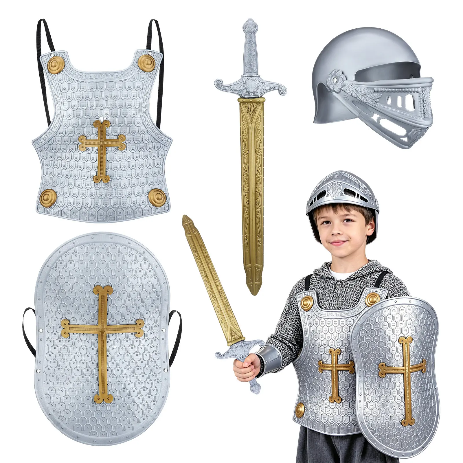 1 Set Shield Middle Ages Armour Helmet Sword Halloween Party Cosplay Sword Kids Shield Costume For Boys Party Small Knight Role