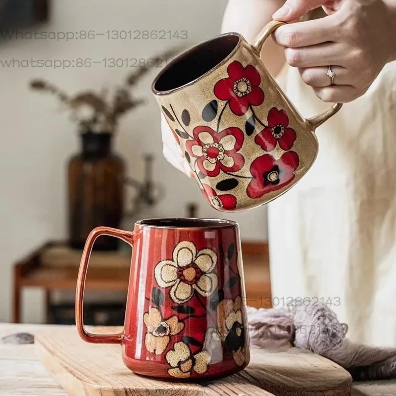 2026  Hand drawn floral ceramic mug 700ml large capacity drinking cup coffee cup household specialty tableware