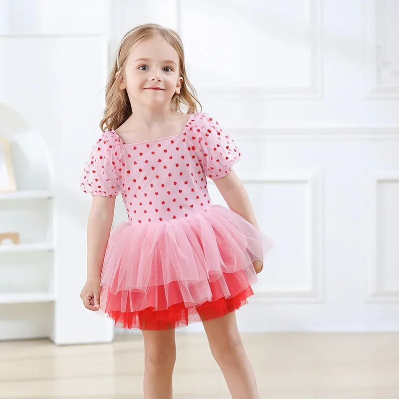 

2025 New Children's Summer Ballet Style Solid Color Polka Dot Decoration Splicing Mesh Multi-layer Skirt Dress