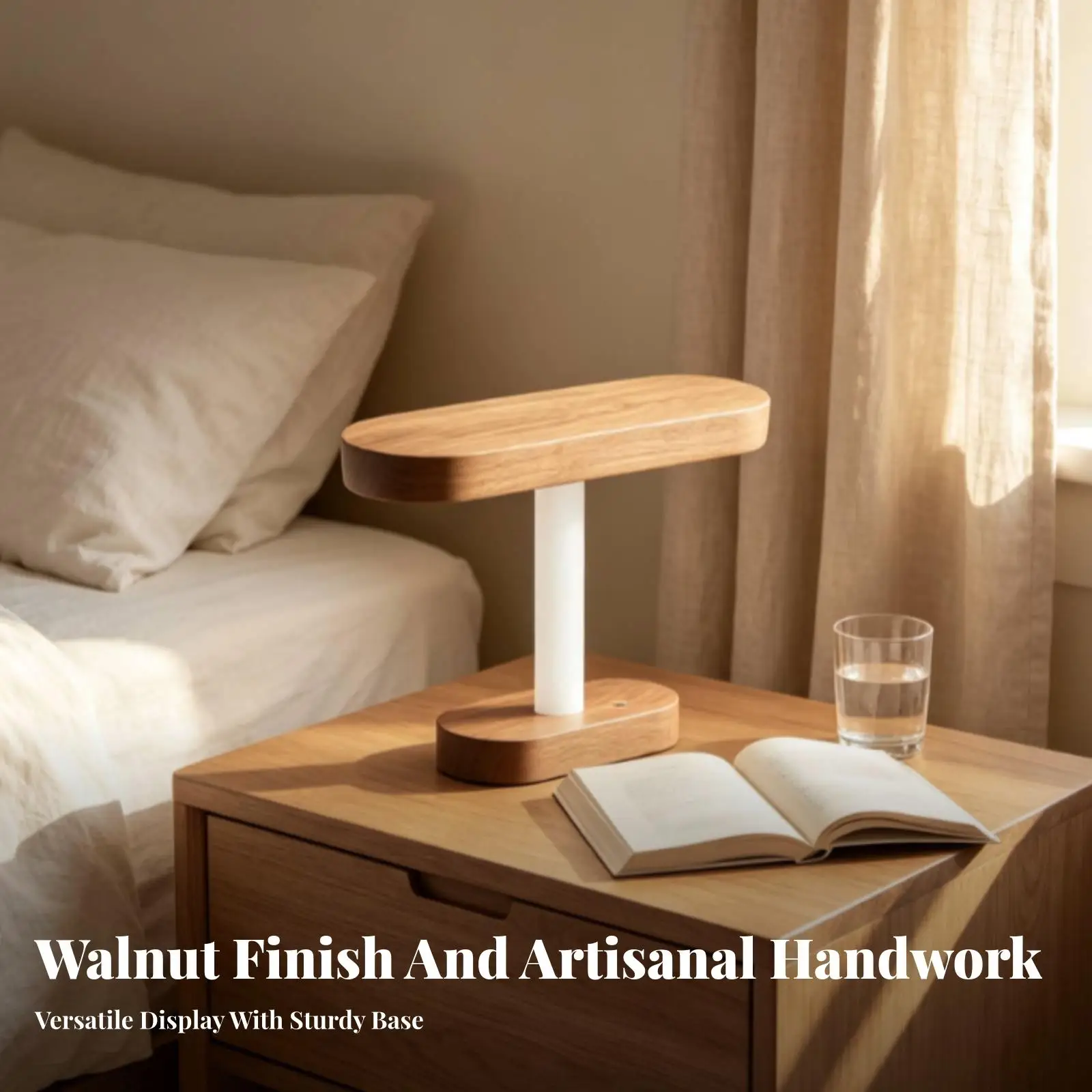 Solid Wood Night Light Watch Holder with Adjustable Warm Lamp for Nightstand Tabletop Jewelry Rack Walnut Gift