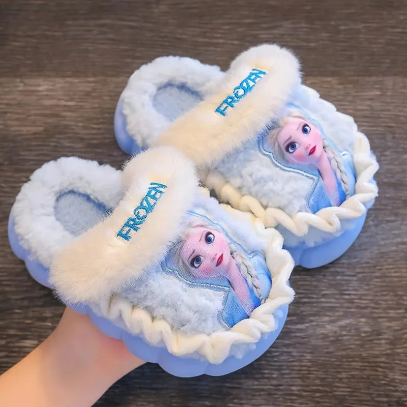 

Disney Princess Elsa Winter Children's Cotton Home Slippers Frozen Girl's Snow Non Slip Warm Baby Slippers Pink Blue Size 24-36