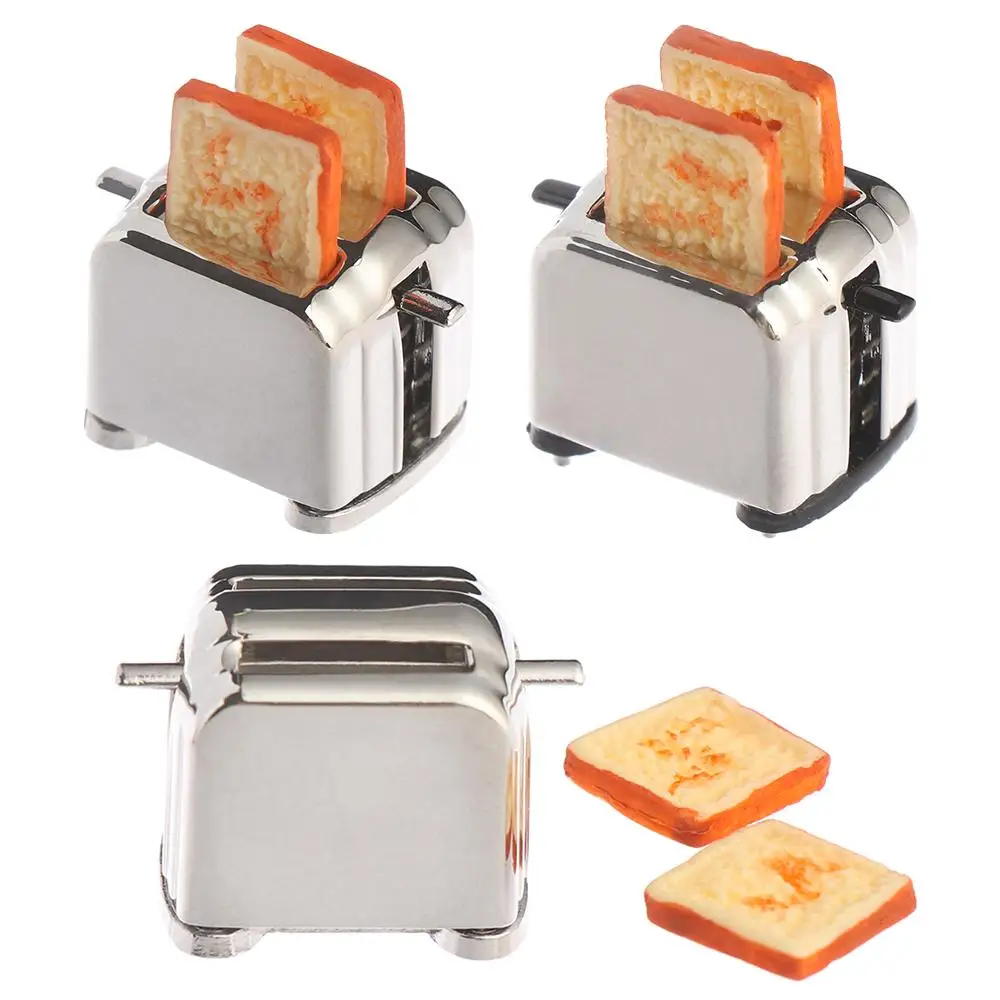 1:12 Schaal Poppenhuis Miniatuur Broodrooster Schattige Simulatie Voedseldecoraties Mini Keuken Speelgoed Met 2 Stuks Brood Pop Toast Machine